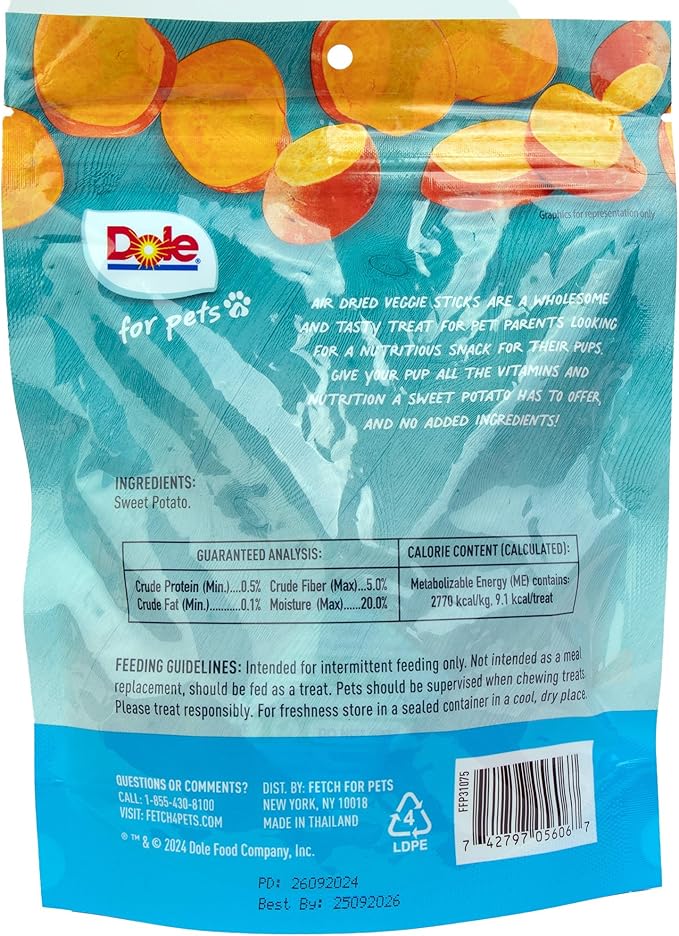 Dole for Pets Air Dried Sweet Potato Dog Treats, Single Ingredient Dog Treats Made with Real Sweet Potato, No Wheat, Corn, Soy, Artificial Flavors, Colors, or Preservatives, 6 Oz