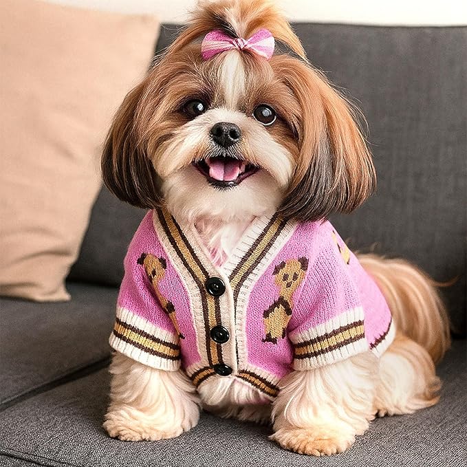 Small Dog Sweaters Cute Bear Dog Cardigans Clothes for Small Medium Dogs Boy Girl Puppy Cat Knitting Cardigan Outfits Dogs Winter Coats Warm Pet Doggy Clothes Soft Knitwear (Pink, X-Small)