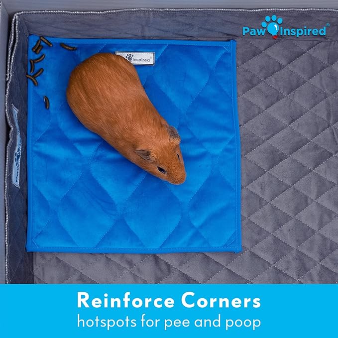 Paw Inspired Guinea Pig Cage Liner Pads | Washable Fleece Bedding, Waterproof Bottom | Super Absorbent Pee Pad or Pet Bed Mat for Guinea Pigs, Ferrets, Rabbits, Hamsters, Small Animals (12"x12", Blue)