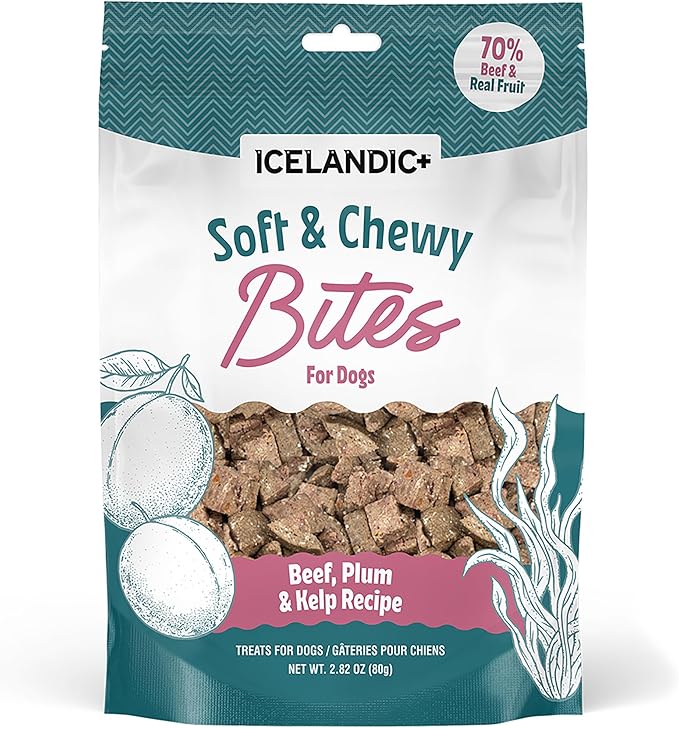 Icelandic+ Soft & Chewy Bites - Beef, Plum & Kelp - 2.8oz Dog Treats, 70% Meat & Fruit, Air-Dried, Limited Ingredients, Pet Snack, Grain Free