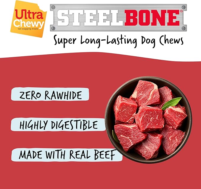 Ultra Chewy Steel Bones Regular Size Beef Flavor - Super Long Lasting Dog Chews - Rawhide Free & Highly Digestible - Unique Shape Helps Clean Teeth - Ideal Dog Bones for Aggressive Chewers