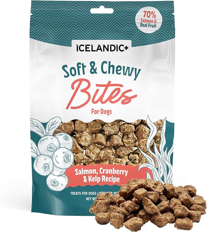 Icelandic+ Soft & Chewy Bites - Salmon, Cranberry & Kelp - 2.8oz Dog Treats, 70% Meat & Fruit, Air-Dried, Limited Ingredients, Pet Snack, Grain Free