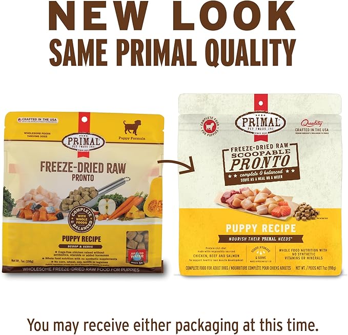 Primal Freeze Dried Puppy Dog Food, Pronto Mini Nuggets; Scoop & Serve, Complete & Balanced Meal; Also Use As Topper or Treat; Premium, Healthy, Grain Free, High Protein Raw Dog Food 25 oz (Pack of 2)