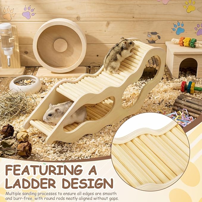BreezeHug 4 Pcs Hamster Platform Hideout Wooden Tunnel Ladder Playhouse Hamster Game Climbing Toy with Platform Cage Accessories for Small Pets Dwarf Syrian Mice Degus Gerbils Squirrel(Spy Villa)