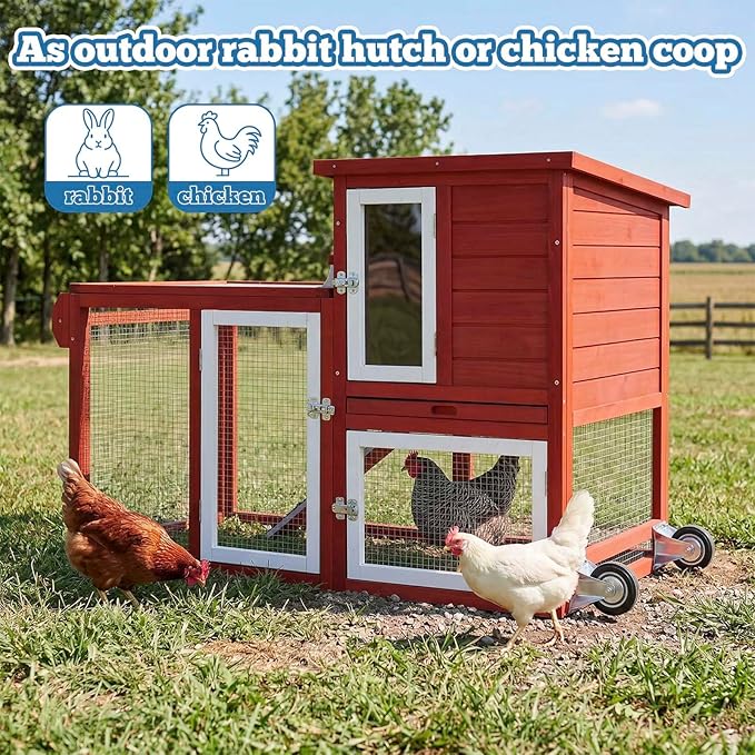 Rabbit Hutch Indoor Outdoor Bunny Cage, Weather Resistant Openable Roof, Slide Out Tray, Handle & Rolling Wheels, Chicken Coop, 48.05" L x 26.02" W x 34.3" H, Red