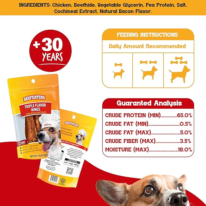 Beefeaters Triple Flavor Wings 1.48oz (Pack of 12) - Rawhide Dog Treats Wrapped with Real Chicken | Promotes Dental Health | Dog Food Long-Lasting Chew | Training Treats for All Dog Sizes