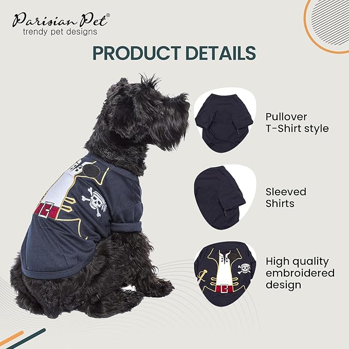 Parisian Pet Captain Sparrow Dog Costume - 100% Cotton Black Dog Clothes for Medium Dogs Boys - Lightweight Puppy Outfits - Funny Schitzu Clothes - Cute Pirate Pet Shirt - Stretchy T Shirt for Dogs