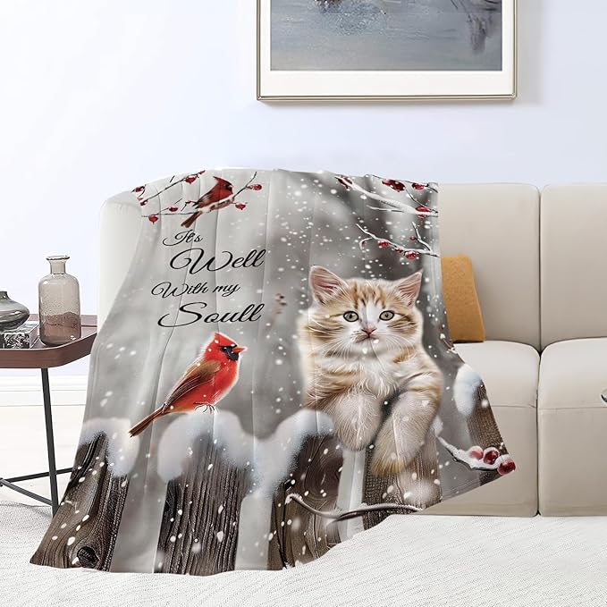 Cardinal Cat Blanket Christmas Decor Throw Blankets Cozy Fleece Flannel Soft Warm Plush Lightweight Bedding Blanket Cat Gifts for Women Cats Lover Men Adults Girls Boys for Couch Sofa Bed 60"X80"