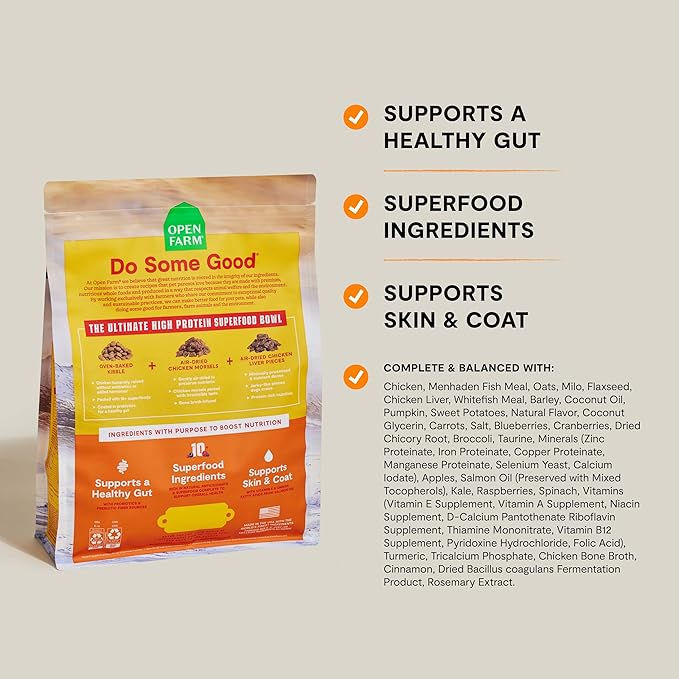 Open Farm, Epic Blend High Protein Dry Dog Food, Probiotic Coated & Bone Broth Infused Kibble with Air Dried Meat & Organs, Minimally Processed & Nutrient Dense, Chicken & Superfood Recipe, 18lb Bag