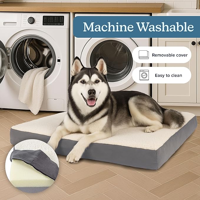 Orthopedic Dog Bed - 2-Layer 44x35-Inch Memory Foam Pet Mattress with Machine-Washable Sherpa Cover for Large Dogs up to 100lbs by PETMAKER (Gray)