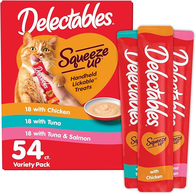 Hartz Delectables Squeeze Up Variety Pack, Creamy Squeezable Puree, Lickable Wet Cat Treats, Grain Free, No Fillers, No by-Products, No Preservatives, 0.5 Ounces Tube, 54 Tubes Total
