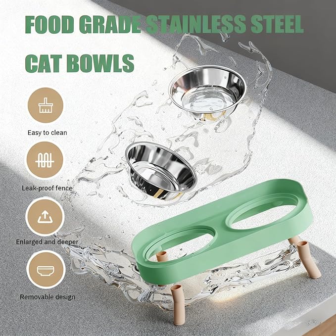 Elevated Cat Bowls, 2 Stainless Steel Raised Cat Food and Water Bowl Set, Splash Proof & Non-Slip, Whisker Fatigue Friendly, Dishwasher Safe for Cats and Small Dogs - Green