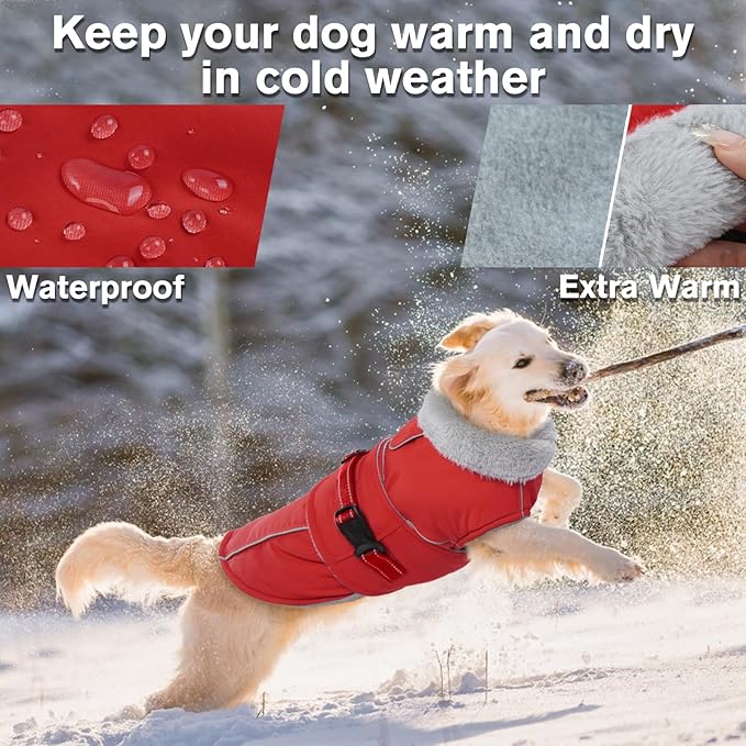 Lelepet Warm Dog Coat Waterproof Dog Jacket Reflective Fleece Vest with Adjustable Buckle Hook & Loop, Windproof Winter Jacket Dogs Coats for Small Medium Large Dogs, Red, XL