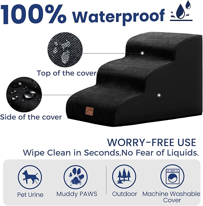 GoGoBunny Ramp Dog Stairs for Couch Sofa and Chair 15.7" H, 3-Step Pet Steps for Small Dogs and Cats, Non-Slip Waterproof Fabric Cover, Stable and Balanced Indoor Step, Pets Friendly, Black