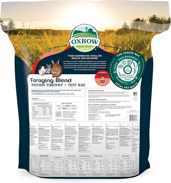 Oxbow Foraging Hay Blends Western Timothy & Teff, Hay for Rabbits, Guinea Pigs, Chinchillas, Small Pets, Supports Healthy Digestion, Premium High-Fiber, Small Pet Supplies, 40 oz Bag, Rabbit Food