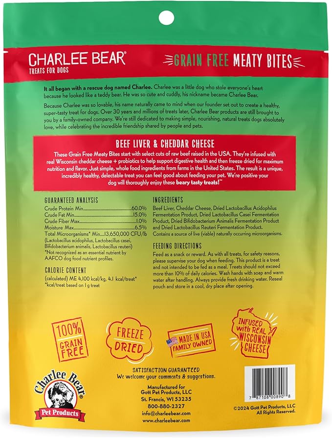Charlee Bear Grain Free Meaty Bites Freeze Dried Dog Treats with Probiotics, Puppy Training Snacks, Soft Dog Bites Beef Liver with Cheddar Cheese, 2.25 oz Bags (2), Made USA