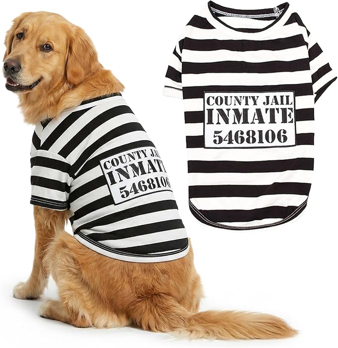Parisian Pet Prisoner Dog Costume - 100% Cotton Striped Dog Clothes for Large Dogs - Lightweight Puppy Outfits - Funny French Bulldog Clothes - Sleeved Shirt for Dogs - Stretchy Pet Costume