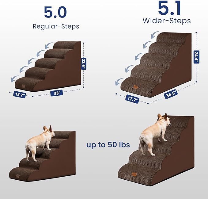 GoGoBunny Ramp Dog Stairs for High Beds 24.4" H, 5-Step Extra Wide Dog Slope Stairs with Durable Waterproof Fabric Cover, Pet Steps for Old Large Dogs Climbing, Non-Slip Sturdy Indoor Step, Brown