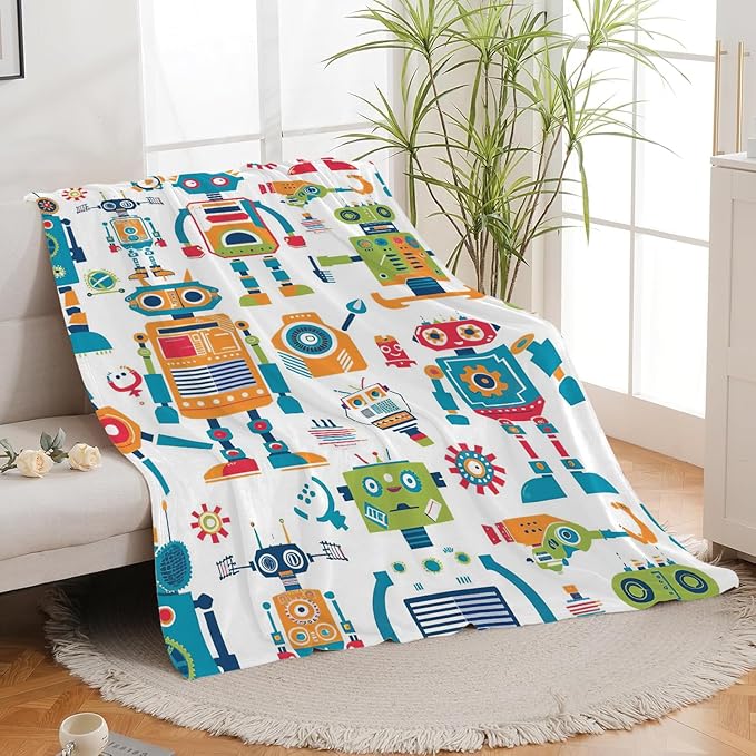 Robot Throw Blanket Cartoon Robot Machine Gifts for Kids Teens Girls Boys Adults Soft Cozy Warm Plush Fluffy Fuzzy Fleece Blanket Birthday Festival Decor 60''X80''