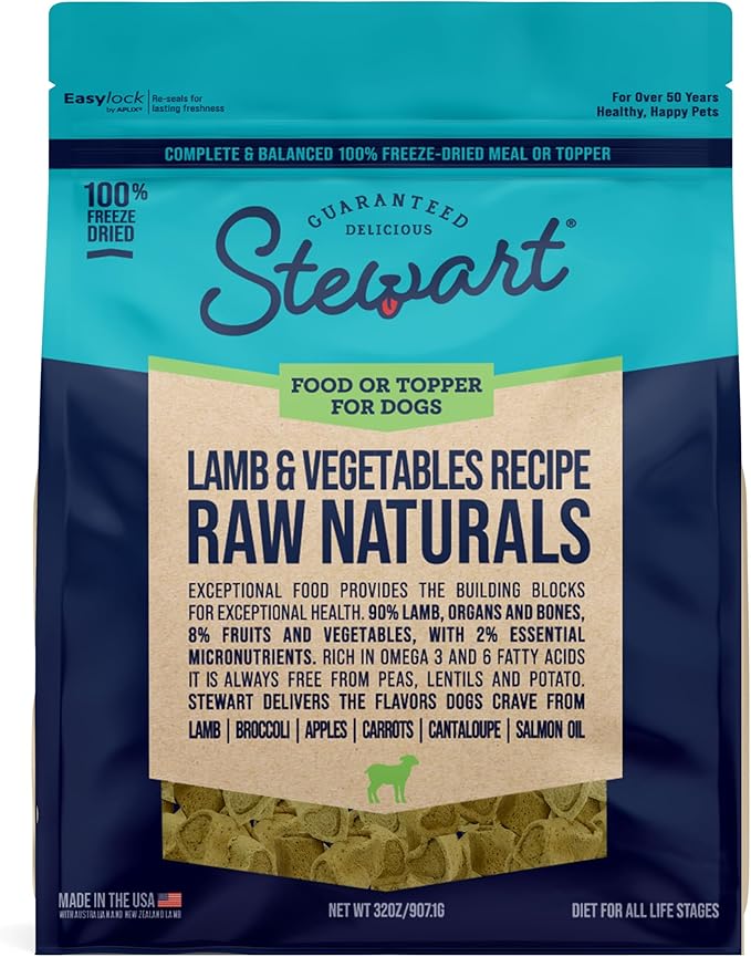 Stewart Raw Naturals Freeze Dried Raw Dog Food or Meal Topper, Lamb & Vegetables Recipe, 32 Ounce Bag, Complete and Balanced Nutrition