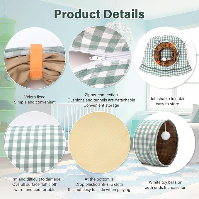 BWOGUE Bunny Tunnel Bed, 2-in-1 Collapsible Tunnel Tubes Toys with Removable Mat Hideout for Cats Kittens Rabbits Guinea Pigs Kitty (GreenPlaid)
