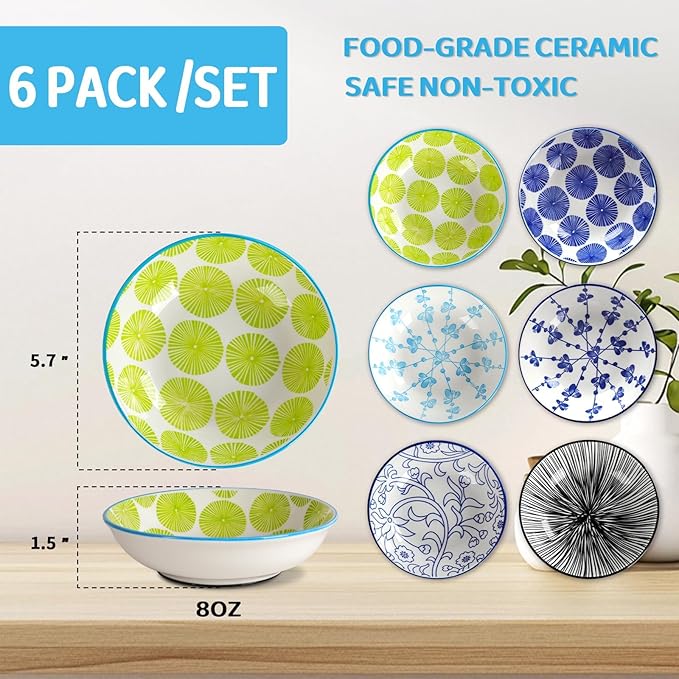 Ceramic Cat Bowls with Non-Slip Silicone Bottom,6 Pack Cat Food Bowl,Anti Whisker Fatigue Cats Dishes for Indoor Cats,Healthy Ceramic Kitten Plates for Daily Feeding Gift Choice (Classic)