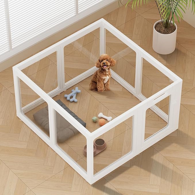 Clear Acrylic Dog Playpen Indoor, Puppy Cat Small Pet Play Pen, Pet Cat Playpen for Rabbits, Dog Fence Crate Kennel Whelping Cage (White, 8 Panel)