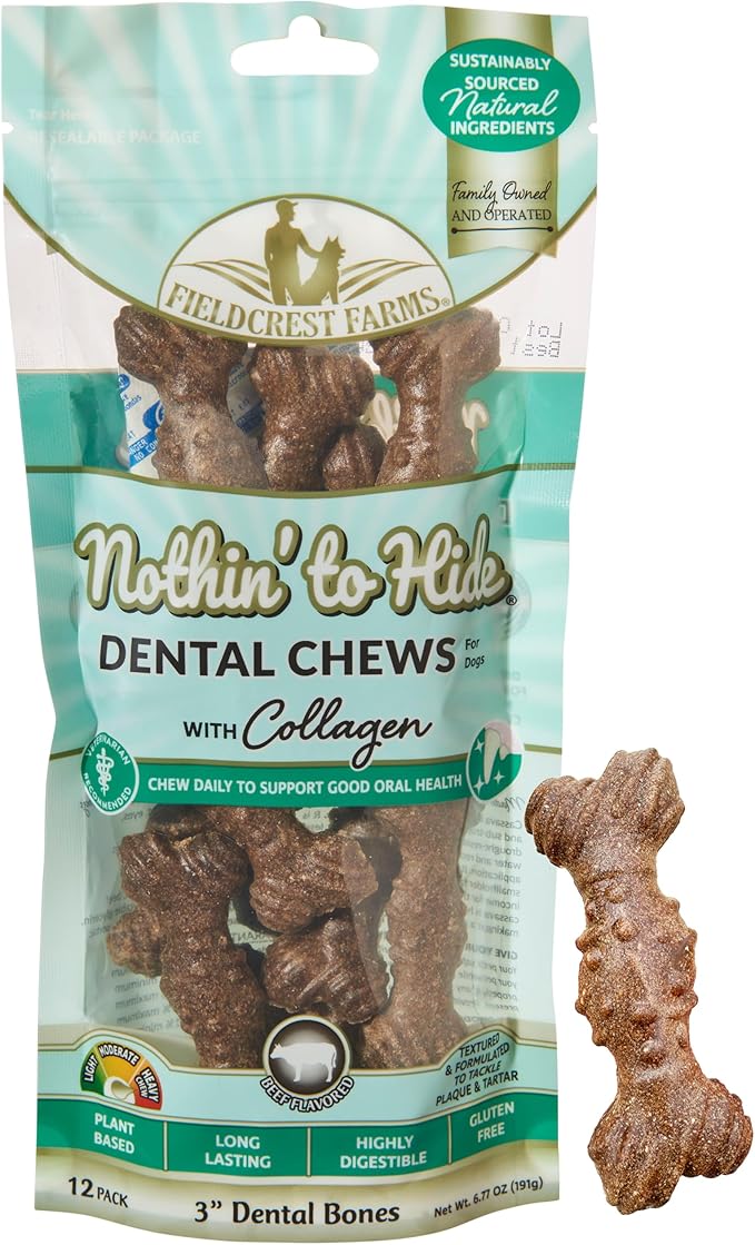 Fieldcrest Farms Nothin’ to Hide Dental Chews with Collagen – 3" Beef‑Flavor Bones, 12‑Pack