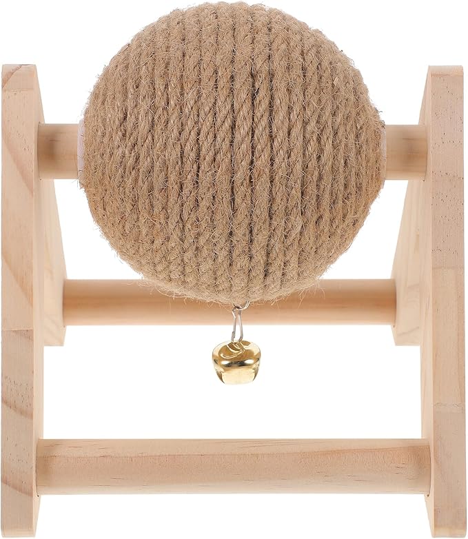 POPETPOP Rabbit Scratching Globe Toy - Natural Wood Sisal Kitten Scratch Ball with Bell Toy, Rabbit Scratching Toy for Indoor Cats, Rabbits Small Animals, Chewing and Grinding Toy