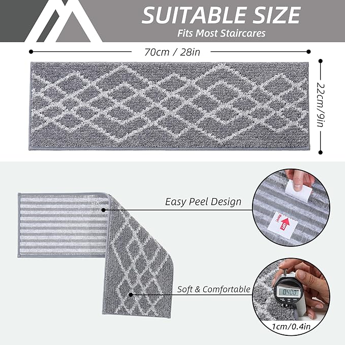 COSY HOMEER Soft Stair Treads Non-Slip Carpet Mat 28inX9in Indoor Stair Runners for Wooden Steps,Stair Rugs for Kids and Dogs, 100% Polyester TPE Backing 7pcs,Grey,Rhombus