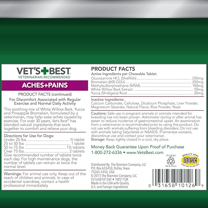 Vet’s Best Dog Pain Relief Supplement,Natural Aspirin Alternative for Hip & Joint Support,Arthritis & Aches Relief Tablets for Dogs,150 Count (Pack of 2)