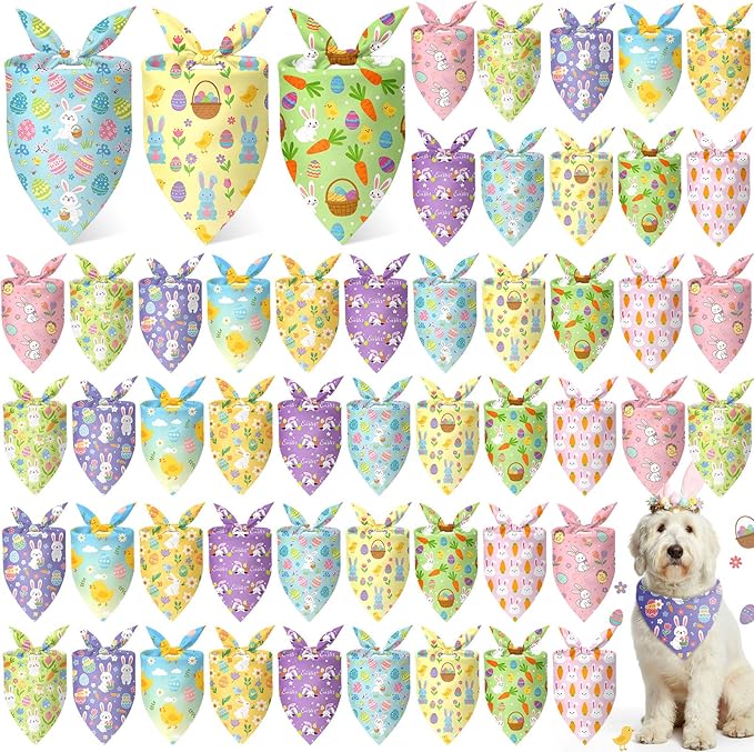Weewooday 50 Pcs Easter Dog Bandanas Bulk with Bunny Rabbit Egg Carrot Pattern Soft Bibs Adjustable Triangle Pet Scarf Bowtie for Small Medium Large Costume Grooming(31.5 x 21.7 X21.7 Inch)