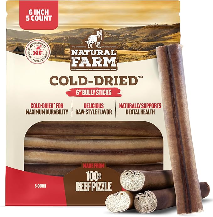 Natural Farm Cold-Dried™ Bully Sticks 6 Inch (5 Count) – Odor Free Longer Lasting High Protein Dog Chews – 100% Beef Pizzle, Single Ingredient, Durable for Aggressive Chewers