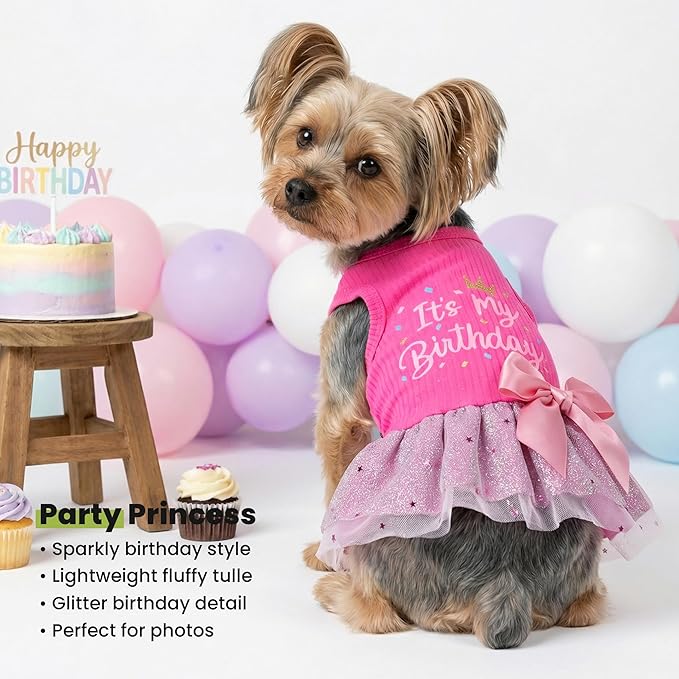 Fitwarm It's My Birthday Dog Dress - Pink Bowknot Dog Clothes for Small Female Puppy, XXS