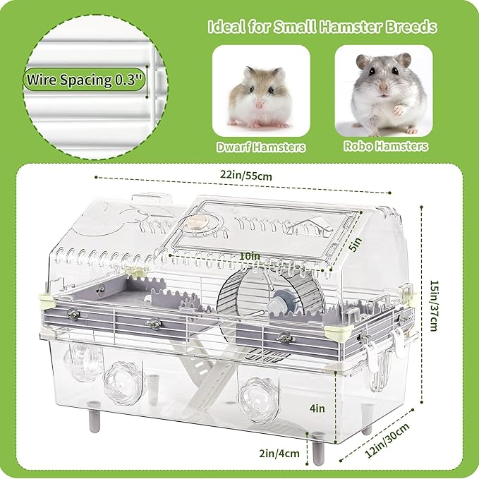 Large Multilevel Hamster Cage 22x12x15in for Dwarf Hamster Robo Hamster with 2 Platforms, Exercise Wheel, 3 Connectable Tube Ports, 2 Ladders, Sunroof Door, Plastic Metal Wire, Clear/Gray