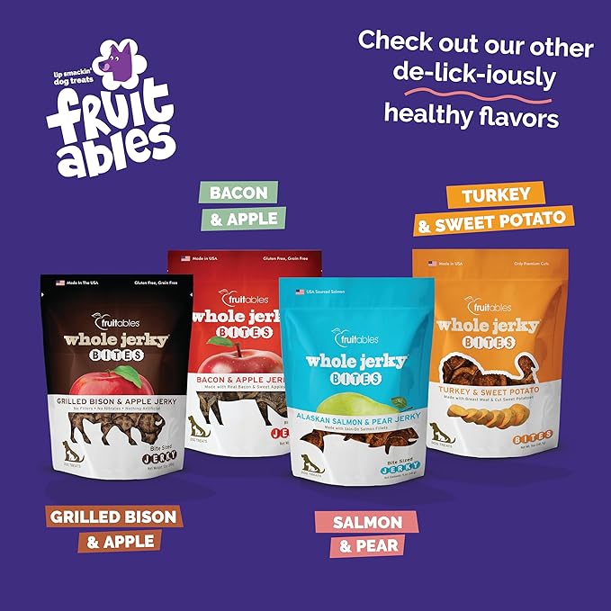 Fruitables Whole Jerky Bites, Healthy Dog Treats, Puppy Essentials, Jerky Dog Treats, Made in the USA, No Artificial Ingredients, Alaskan Salmon & Pear Flavor, 5oz