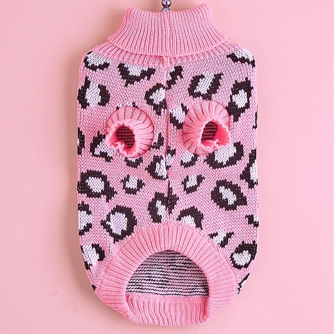 Leopard Knit Sweaters for Small Dogs, Pink Turtleneck Pullover for Pet, Puppies Cats Winter Sweater for Valentines Day Holiday