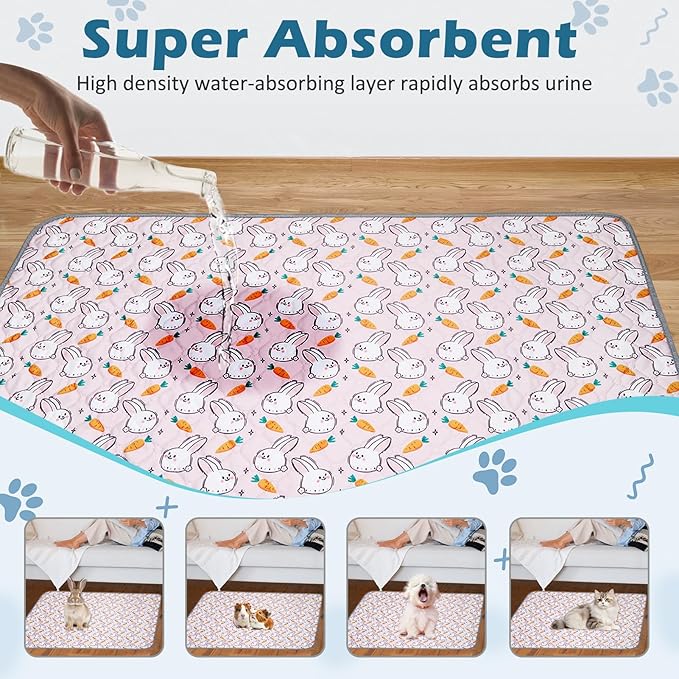 Reusable Guinea Pig Cage Liners, 24" x 18" (Pack of 2) Washable Pee Pads , Super Absorbent & Waterproof & Anti-Slip Pet Bedding Liner, Rabbit Cage Mat for Small Animals (Pink)
