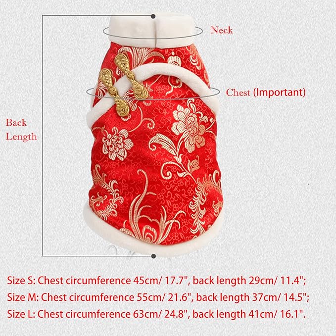 SEIS New Year Cat Knot Buttons Coat Dogs Cheongsam Winter Pet Clothes Vest Christmas Costume for Cats Teddy Bichon Small Medium Dogs (White, S (Chest Circumference 45cm/ 17.7"))