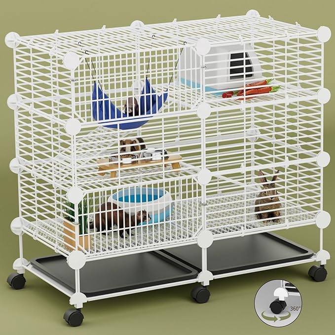 STILLCOVE Small Guinea Pig Cages Indoor: 3-Tier C&C Rabbit Cage Small Animal Cage on Wheel with Removable Tray for Bunny Hamster Ferret Rat Chinchilla Hedgehog