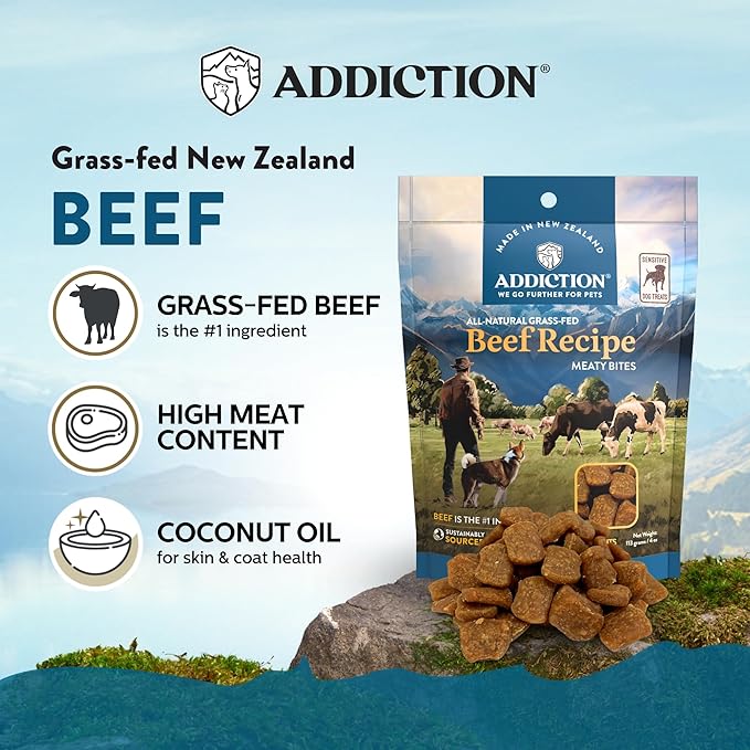 Addiction Meaty Bites - Hypoallergenic Dog Treats - Made in New Zealand - High Meat Content - Gluten and Grain-Free - Soft and Allergy Friendly Dog Treats (Beef, 4 Ounces - 3 Packs)