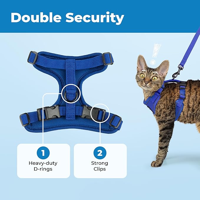 Voyager Escape-Proof Step-in Lock Cat Harness & 5ft Neoprene-Handle Leash Set All-Weather Mesh with Reflective Stitching for Small to Large Cats by Best Pet Supplies, Royal Blue (327), XXS