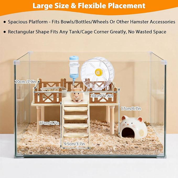 Hamster Platform for Cage with Protective Railings, Elevated Wooden Stand for Food Bowls, Water Bottles or Wheels to Expand Activity Space, Cage Platforms with Climbing Ladder for Hamsters and Gerbils