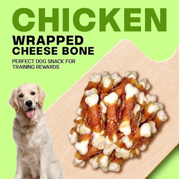 Chicken Wrapped Cheese Bone Twist Sticks Dog Treats - Crunchy, Protein Packed Snacks with Real Chicken & Cheese - Training Rewards for Small, Medium, Large Dogs