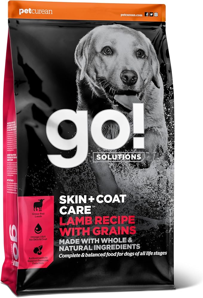 Go! Solutions Skin + Coat Care Lamb Dry Dog Food with Grains, Chicken-Free, Healthy Kibble with Omega-3s & 6s for Soft, Shiny Fur, for Puppies, Adults, & Seniors, 3.5 lb Bag