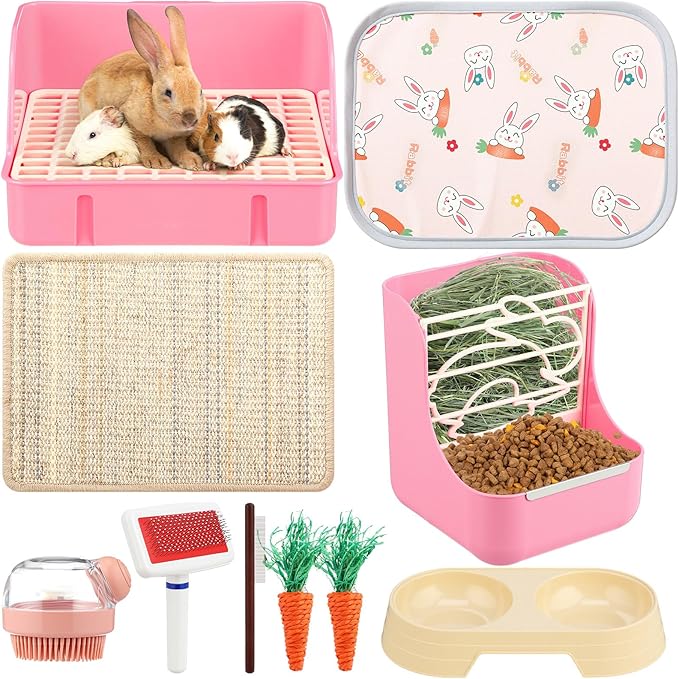 Honeydak 10 Pcs Rabbit Starter Kit Small Litter Box Bunny Grooming Kit Scratch Pads Hay Feeder Bowl Ice Pad with Bunny Toys for Guinea Pig Rabbit Accessories(Pink)