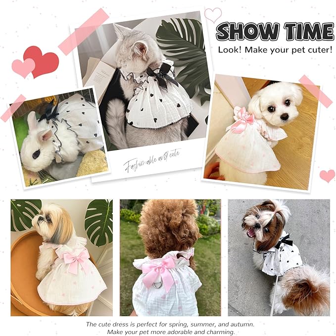 Dog Dresses for Small Dogs Girl Female Dog Cat Clothes Dress Cute Cotton Extra Summer Clothes Bow Decor Printed Love Birthday Outfit Puppy Clothes (Light Pink & Black, X-Large)