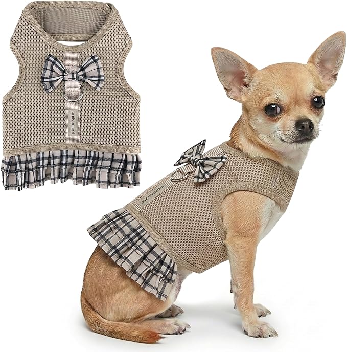 Parisian Pet Plaid Khaki Dog Harness Dress - Breathable No Pull Puppy Dress with Leash Ring - 100% Mesh Fabric Harnesses for Dogs - Soft Padded Step in Pet Vest - Dog Harness Small Sized Dogs