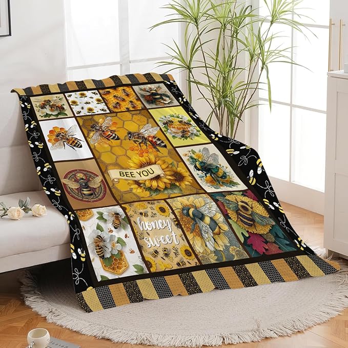 Bee Throw Blanket Bee Stuff Gifts for Kids Girls Boys Adults Women Men Soft Cozy Warm Plush Fluffy Fuzzy Fleece Blanket Decor 50''X60''