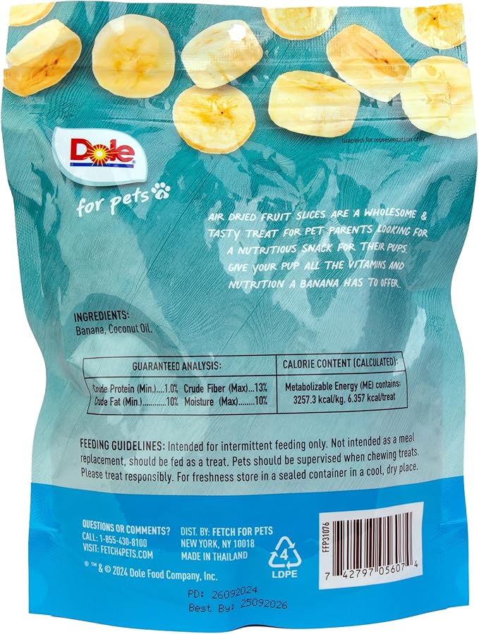 Dole for Pets Air Dried Banana Dog Treats, Single Ingredient Dog Treats Made with Real Banana, No Wheat, Corn, Soy, Artificial Flavors, Colors, or Preservatives, Air Dried Banana Chips, 6 Oz